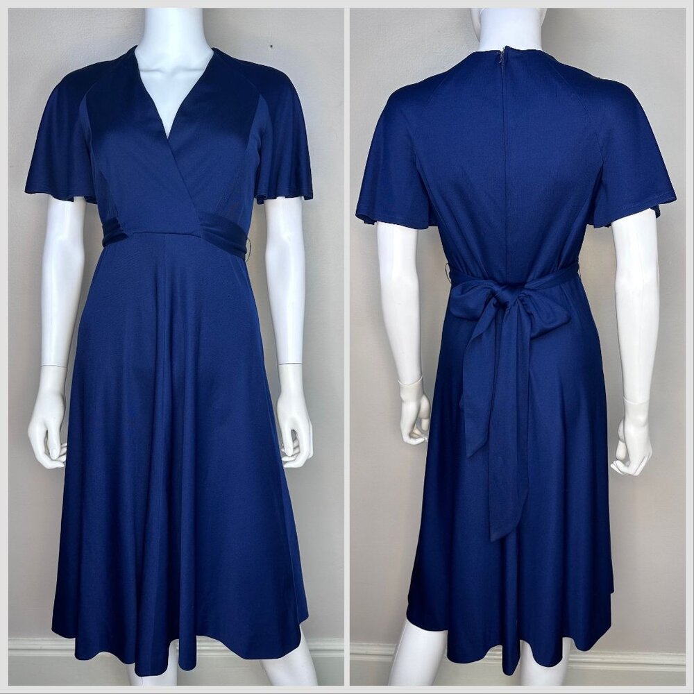 Vintage 1970s Navy Blue Wrap Dress Flutter Sleeves Eleanor Brenner Couture Small